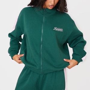 Dark Green Embroidered Athletics Contrast Panel Zip Through Sweatshirt
