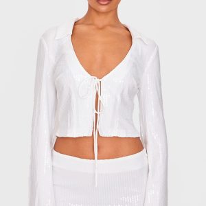 White Sequin Tie Front Detail Long Sleeve Shirt