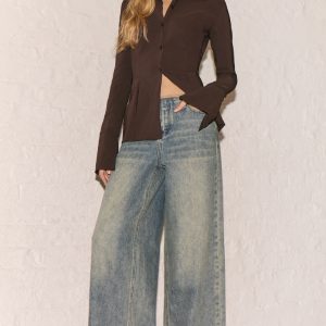 Vintage Raw Waist Mid Rise Wide Leg Jeans