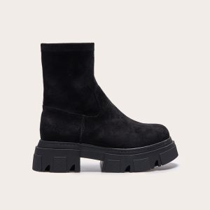 Black Wide Fit Faux Suede Extreme Cleated Sole Ankle Sock Boots