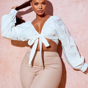 Plus White Tie Front Ruched Blouse