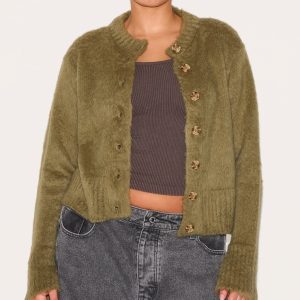 Plus Khaki Eyelash Knitted Cardigan