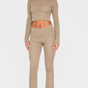 Khaki Textured Mid Rise Skinny Flare Trousers