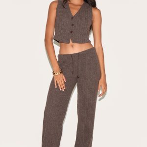 Chocolate Distressed Textured Rib Low Rise Drawstring Wide Leg Trousers