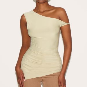 Clay Ruched Detail Asymmetric Slinky Long Top