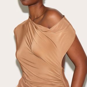 Tan Double Layer Slinky Backless Asymmetric Long Top