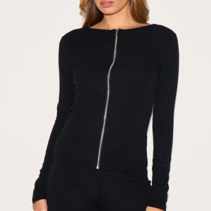 Black Rib Longline Zip Up Top