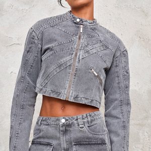 Washed Grey Seam Detail Shoulder Padded Racer Cropped Denim Jacket
