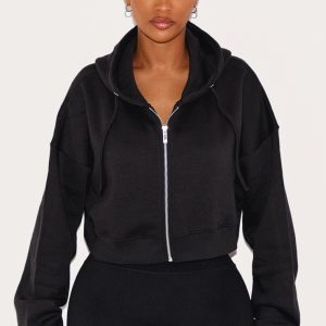 Shape Black Zip Front Long Sleeve Cropped Hoodie