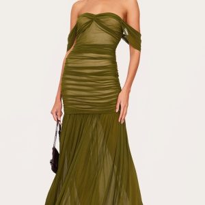 Olive Mesh Bardot Ruched Detail Maxi Dress