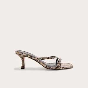 Snake PU Square Toe Strappy Toe Thong Mid Stiletto Heeled Mules