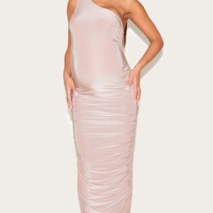 Maternity Taupe Slinky One Shoulder Ruched Maxi Dress