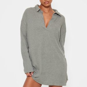 Sage Khaki Rib V Neck Oversized Jumper Dress