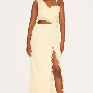 Butter Cream Chiffon Frill Cut Out Maxi Dress