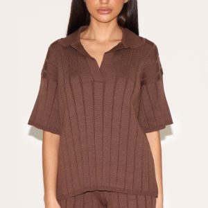 Petite Chocolate Rib Knit Oversized Polo Top