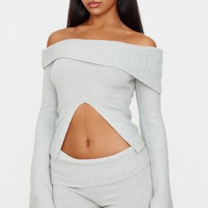 Light Grey Textured Knit Cut Out Foldover Bardot Top
