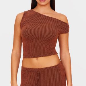 Chocolate Brown Two Tone Crinkle Rib Off Shoulder Top