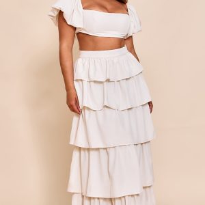 Shape Cream Crinkle Satin Highwaisted Tiered Maxi Skirt