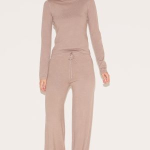 Deep Taupe Soft Knit Drawstring Waist Wide Leg Trousers