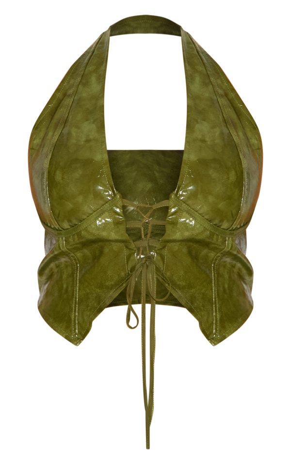 ced786e37d77a1506066beda081b5a786c60d06b_CNE0792_5_plus_olive_washed_faux_leather_lace_up_plunge_halterneck_top
