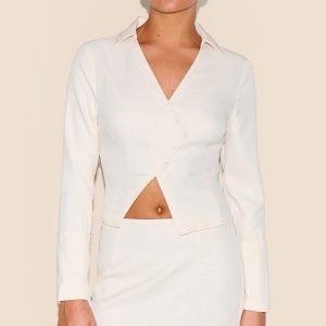Petite Cream Textured Woven Asymmetric Button Up Shirt