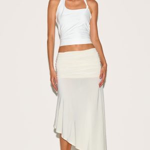Cream Double Layer Slinky Asymmetrical Ruched Midaxi Skirt