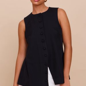 Black Woven Button Down Longline Waistcoat