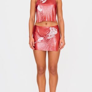 Red Chain Mail Rose Diamante Micro Mini Skirt