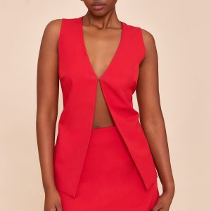 Tomato Red Woven Tailored Hook And Eye Waistcoat
