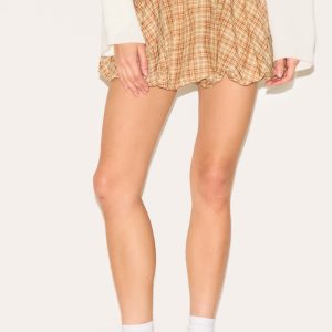 Brown Check Print Puffball Skirt