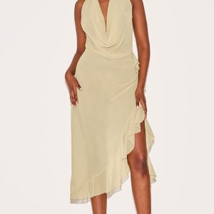 Mustard Cowl Ruffle Split Detail Midi Dress