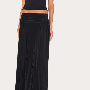 Black Slinky Drop Waist Ruched Panel Maxi Skirt