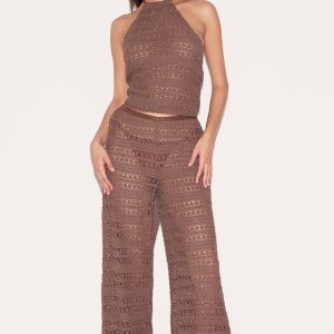 Chocolate Crochet Wide Leg Trouser Beach Set