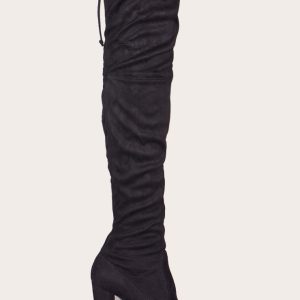 Bess Black Faux Suede Heel Thigh Boots