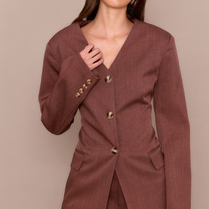 Chestnut Premium Tailored Collarless Button Up Fitted Blazer