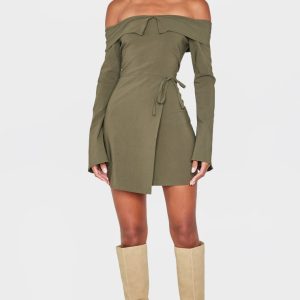 Khaki Stretch Woven Fold Bardot Wrap Dress