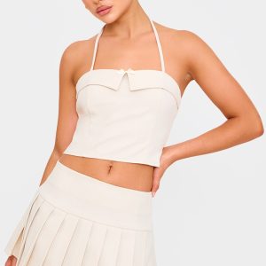Cream Bow Detail Tie Neck Halterneck Crop Top