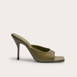 Olive PU Square Toe High Stiletto Heeled Mules