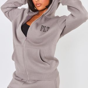 PRETTYLITTLETHING Shape Charcoal Embroidered Zip Through Hoodie