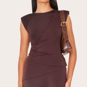 Chocolate Jersey Padded Shoulder Ruched Asymmetric Top
