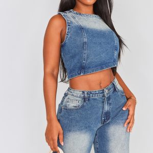 Shape Mid Blue Acid Wash Denim Washed Asymmetric Crop Top