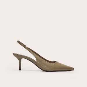 Olive Pu Point Toe Sling Back Mid Heeled Courts