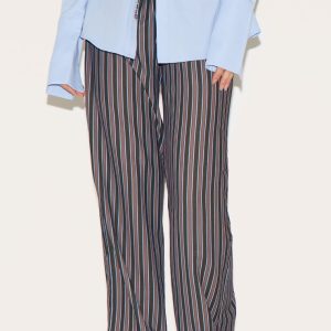 Navy Striped Thin Waistband Wide Leg Trousers