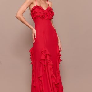 Red Frill Cup Detail Maxi Dress