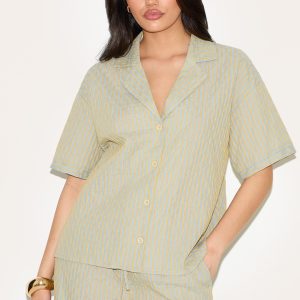 Green Striped Textured Short Sleeve Shirt