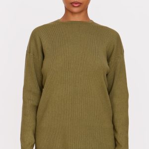 Khaki Light Rib Knit Oversized Top
