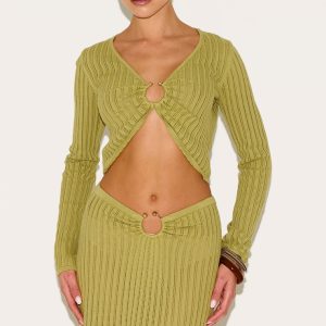 Olive Pointelle Knit Trim Detail Long Sleeve Top
