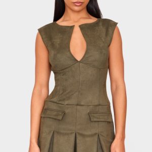 Khaki Faux Suede Pleated Pocket Detail Shift Dress