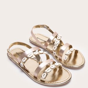 Gold Real Leather Wide Fit Round Toe Shell Strap Sandals