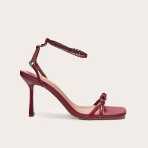 Burgundy PU Square Toe Buckle Detail Barely There Mid Heeled Sandals